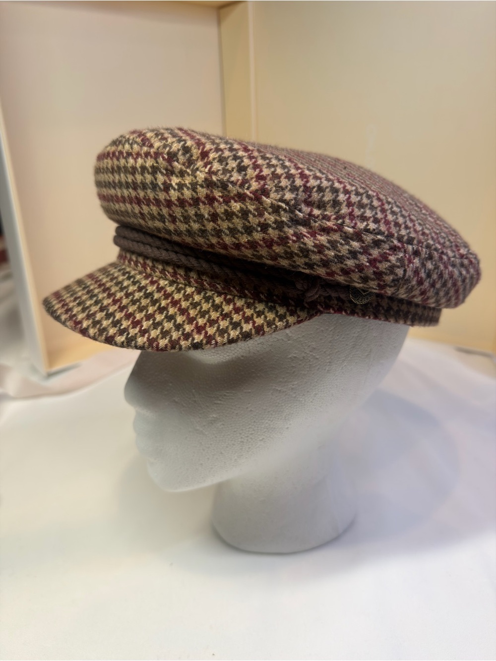 Brixton Tweed Baker Boy Cap in Burgundy & Brown Houndstooth